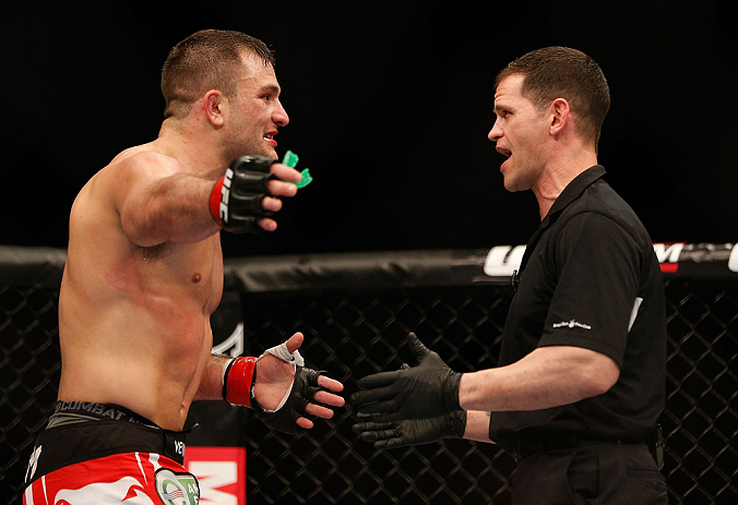 NEWARK, NJ - APRIL 27: (L-R) Gian Villante argues with referee Kevin Mulholland after a controversial stoppage in his light heavyweight fight against Ovince Saint Preux during the UFC 159 event at the Prudential Center on April 27, 2013 in Newark, New J