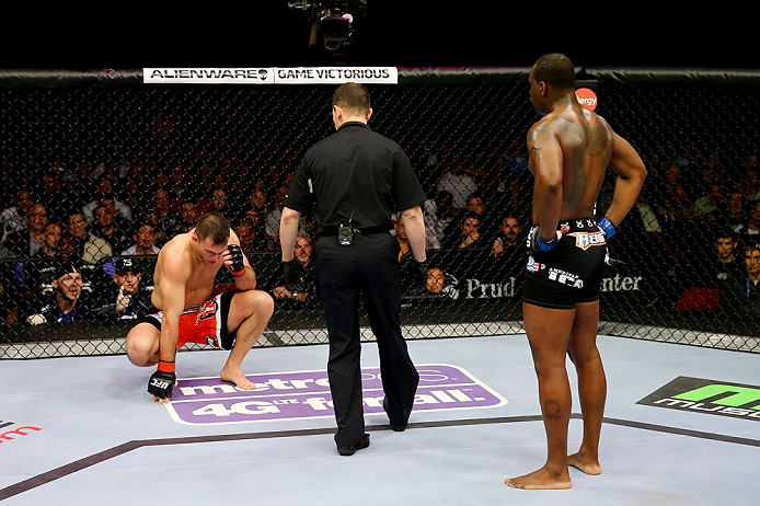NEWARK, NJ - APRIL 27: Gian Villante (R) reacts after getting poked in the eye while fighting against Ovince Saint Preux (R) in their light heavyweight bout during the UFC 159 event at the Prudential Center on April 27, 2013 in Newark, New Jersey. (Photo