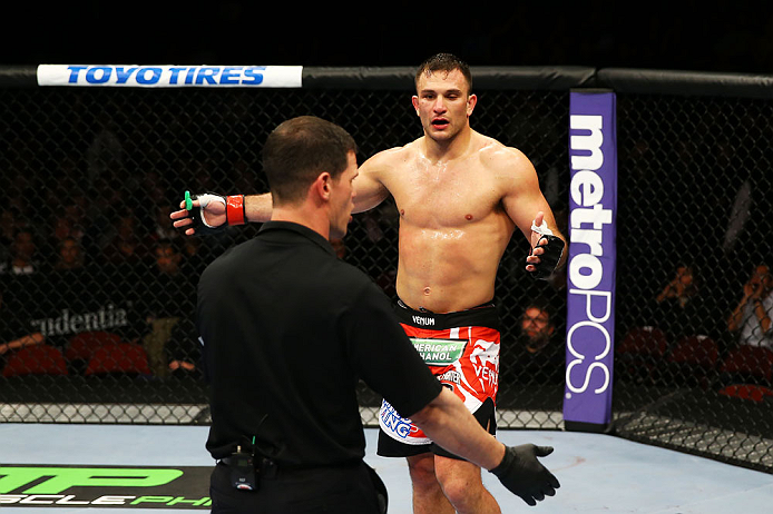NEWARK, NJ - APRIL 27: Gian Villante reacts after the referee stops the match due to an unintentional foul by Ovince Saint Preux in their light heavyweight bout during the UFC 159 event at the Prudential Center on April 27, 2013 in Newark, New Jersey. (P