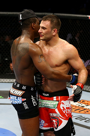 NEWARK, NJ - APRIL 27: Gian Villante (R) congratulates Ovince Saint Preux (L) after winning by majority technical decision in their light heavyweight bout during the UFC 159 event at the Prudential Center on April 27, 2013 in Newark, New Jersey. (Photo b