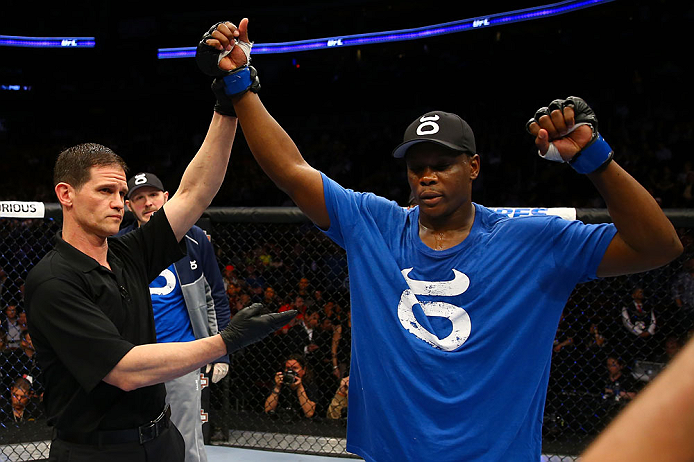 NEWARK, NJ - APRIL 27: Ovince Saint Preux is announced winner by majority technical decision against Gian Villante in their light heavyweight bout during the UFC 159 event at the Prudential Center on April 27, 2013 in Newark, New Jersey. (Photo by Al Bel