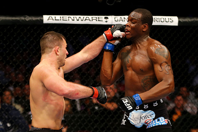 NEWARK, NJ - APRIL 27: (L-R) Gian Villante throws a punch against Ovince Saint Preux in their light heavyweight bout during the UFC 159 event at the Prudential Center on April 27, 2013 in Newark, New Jersey. (Photo by Al Bello/Zuffa LLC/Zuffa LLC Via Get