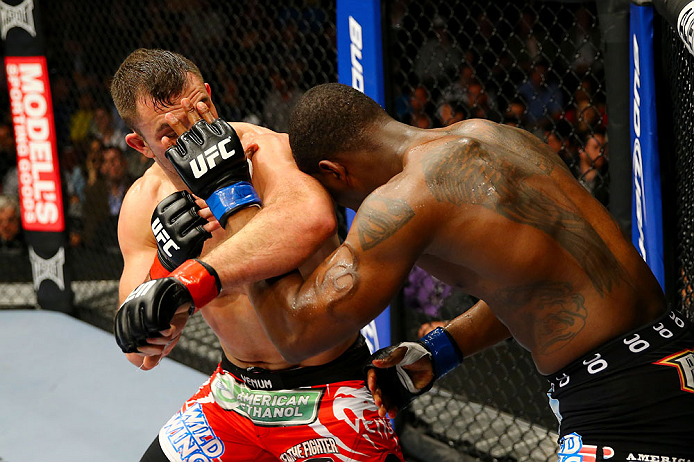 NEWARK, NJ - APRIL 27: (L-R) Gian Villante battles against Ovince Saint Preux in their light heavyweight bout during the UFC 159 event at the Prudential Center on April 27, 2013 in Newark, New Jersey. (Photo by Al Bello/Zuffa LLC/Zuffa LLC Via Getty Ima