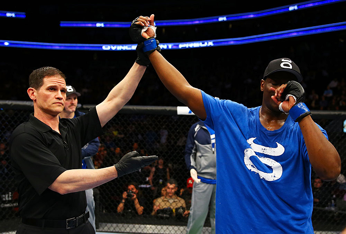 NEWARK, NJ - APRIL 27: Ovince Saint Preux is announced winner by majority technical decision against Gian Villante in their light heavyweight bout during the UFC 159 event at the Prudential Center on April 27, 2013 in Newark, New Jersey. (Photo by Al Be
