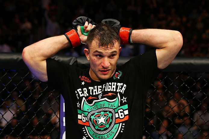 NEWARK, NJ - APRIL 27: Gian Villante reacts after losing by majority technical decision to Ovince Saint Preux in their light heavyweight bout during the UFC 159 event at the Prudential Center on April 27, 2013 in Newark, New Jersey. (Photo by Al Bello/Zu