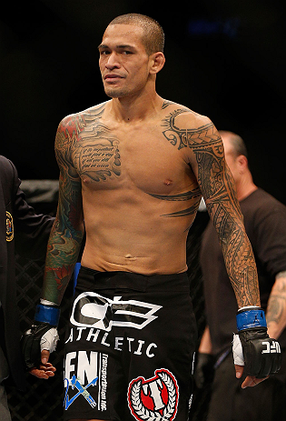 NEWARK, NJ - APRIL 27: A disappointed Yancy Medeiros reacts after his loss to Rustam Khabilov due to a thumb injury in their lightweight fight during the UFC 159 event at the Prudential Center on April 27, 2013 in Newark, New Jersey. (Photo by Josh Hed