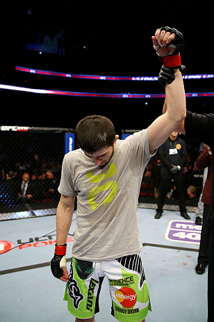 NEWARK, NJ - APRIL 27: Rustam Khabilov of Russia is announced winner by TKO (Thumb Injury) against Yancy Medeiros after their lightweight bout during the UFC 159 event at the Prudential Center on April 27, 2013 in Newark, New Jersey. (Photo by Al Bello/Z