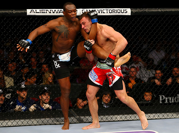 NEWARK, NJ - APRIL 27: (L-R) Ovince Saint Preux battles against Gian Villante in their light heavyweight bout during the UFC 159 event at the Prudential Center on April 27, 2013 in Newark, New Jersey. (Photo by Al Bello/Zuffa LLC/Zuffa LLC Via Getty Ima
