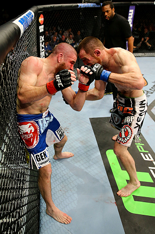 NEWARK, NJ - APRIL 27: (L-R) Jim Miller fights against Pat Healy in their lightweight bout during the UFC 159 event at the Prudential Center on April 27, 2013 in Newark, New Jersey. (Photo by Al Bello/Zuffa LLC/Zuffa LLC Via Getty Images)