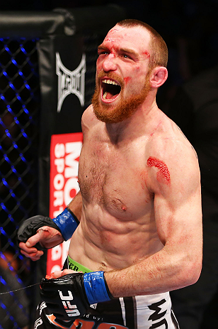 NEWARK, NJ - APRIL 27: Pat Healy celebrates defeating Jim Miller by Technical Submission (Rear-Naked Choke) in their lightweight bout during the UFC 159 event at the Prudential Center on April 27, 2013 in Newark, New Jersey. (Photo by Al Bello/Zuffa LLC