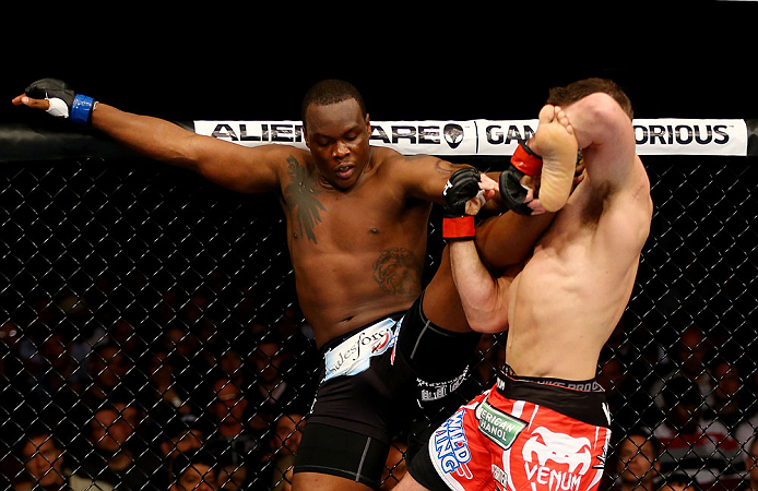 NEWARK, NJ - APRIL 27: (L-R) Ovince Saint Preux battles against Gian Villante in their light heavyweight bout during the UFC 159 event at the Prudential Center on April 27, 2013 in Newark, New Jersey. (Photo by Al Bello/Zuffa LLC/Zuffa LLC Via Getty Ima
