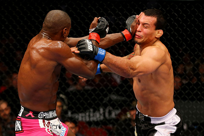 NEWARK, NJ - APRIL 27: Phil Davis throws a punch against Vinny Magalhaes in their light heavyweight bout during the UFC 159 event at the Prudential Center on April 27, 2013 in Newark, New Jersey. (Photo by Al Bello/Zuffa LLC/Zuffa LLC Via Getty Images)