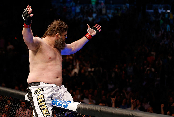 NEWARK, NJ - APRIL 27: Roy Nelson reacts after his knockout victory over Cheick Kongo in their heavyweight fight during the UFC 159 event at the Prudential Center on April 27, 2013 in Newark, New Jersey. (Photo by Josh Hedges/Zuffa LLC/Zuffa LLC via Ge