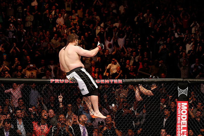 NEWARK, NJ - APRIL 27: Roy Nelson reacts after his knockout victory over Cheick Kongo in their heavyweight fight during the UFC 159 event at the Prudential Center on April 27, 2013 in Newark, New Jersey. (Photo by Josh Hedges/Zuffa LLC/Zuffa LLC via Ge
