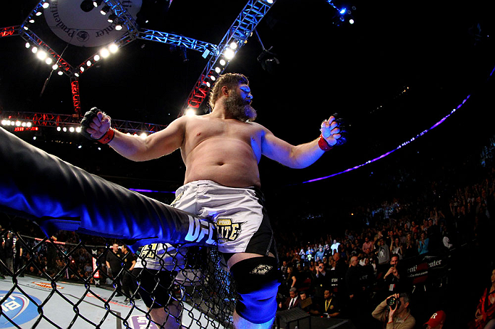 NEWARK, NJ - APRIL 27: Roy Nelson celebrates his win by knockout against Cheick Kongo of France in their heavyweight bout during the UFC 159 event at the Prudential Center on April 27, 2013 in Newark, New Jersey. (Photo by Al Bello/Zuffa LLC/Zuffa LLC V