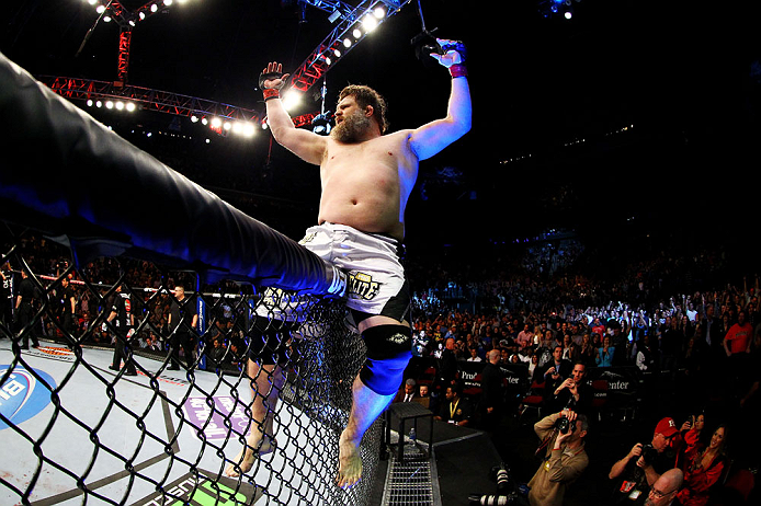 NEWARK, NJ - APRIL 27: Roy Nelson celebrates his win by knockout against Cheick Kongo of France in their heavyweight bout during the UFC 159 event at the Prudential Center on April 27, 2013 in Newark, New Jersey. (Photo by Al Bello/Zuffa LLC/Zuffa LLC V