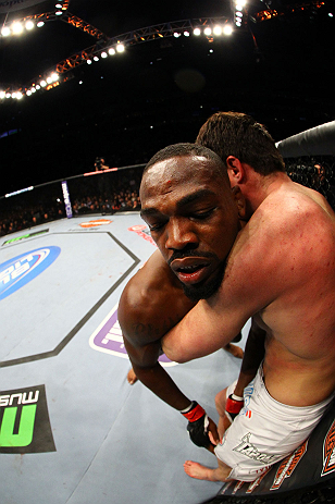 NEWARK, NJ - APRIL 27: (L-R) Jon Jones battles against Chael Sonnen in round one of their light heavyweight championship bout during the UFC 159 event at the Prudential Center on April 27, 2013 in Newark, New Jersey. (Photo by Al Bello/Zuffa LLC/Zuffa L