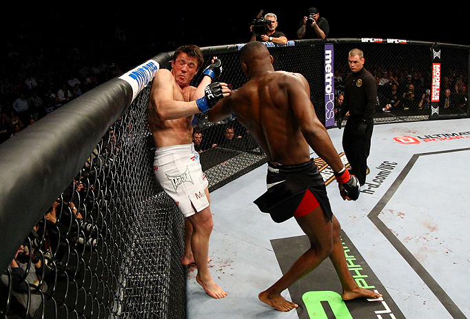 NEWARK, NJ - APRIL 27: Chael Sonnen defends himself against Jon Jones in their light heavyweight championship bout during the UFC 159 event at the Prudential Center on April 27, 2013 in Newark, New Jersey. (Photo by Al Bello/Zuffa LLC/Zuffa LLC Via Gett