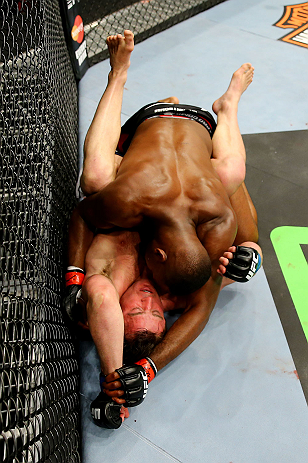 NEWARK, NJ - APRIL 27: Jon Jones battles against Chael Sonnen in the first round of their light heavyweight championship bout during the UFC 159 event at the Prudential Center on April 27, 2013 in Newark, New Jersey. (Photo by Al Bello/Zuffa LLC/Zuffa L