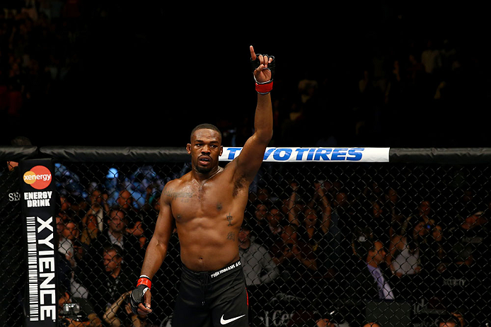 NEWARK, NJ - APRIL 27: Jon Jones celebrates his knockout against Chael Sonnen to win their light heavyweight championship bout during the UFC 159 event at the Prudential Center on April 27, 2013 in Newark, New Jersey. (Photo by Al Bello/Zuffa LLC/Zuffa