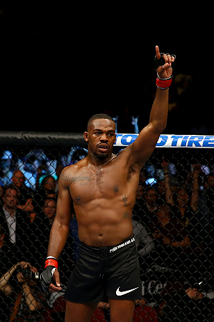 NEWARK, NJ - APRIL 27: Jon Jones celebrates his knockout against Chael Sonnen to win their light heavyweight championship bout during the UFC 159 event at the Prudential Center on April 27, 2013 in Newark, New Jersey. (Photo by Al Bello/Zuffa LLC/Zuffa