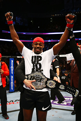 NEWARK, NJ - APRIL 27: Jon Jones is awarded the championship belt and announced winner by knockout against Chael Sonnen after their light heavyweight championship bout during the UFC 159 event at the Prudential Center on April 27, 2013 in Newark, New Jer