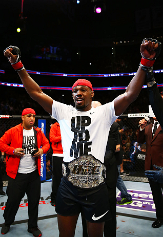 NEWARK, NJ - APRIL 27: Jon Jones is awarded the championship belt and announced winner by knockout against Chael Sonnen after their light heavyweight championship bout during the UFC 159 event at the Prudential Center on April 27, 2013 in Newark, New Jer