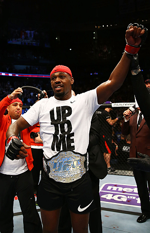 NEWARK, NJ - APRIL 27: Jon Jones is awarded the championship belt and announced winner by knockout against Chael Sonnen after their light heavyweight championship bout during the UFC 159 event at the Prudential Center on April 27, 2013 in Newark, New Jer