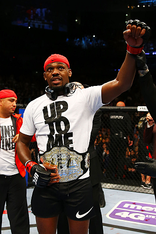 NEWARK, NJ - APRIL 27: Jon Jones is awarded the championship belt and announced winner by knockout against Chael Sonnen after their light heavyweight championship bout during the UFC 159 event at the Prudential Center on April 27, 2013 in Newark, New Jer