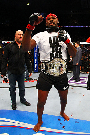 NEWARK, NJ - APRIL 27: Jon Jones is awarded the championship belt and announced winner by knockout against Chael Sonnen after their light heavyweight championship bout during the UFC 159 event at the Prudential Center on April 27, 2013 in Newark, New Jer