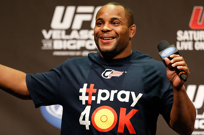 LAS VEGAS, NV - MAY 24: UFC heavyweight contender and former Oklahoma State and Olympic wrestling standout Daniel Cormier interacts with fans during a Q&A session before the UFC 160 weigh-in at the MGM Grand Garden Arena on May 24, 2013 in Las Vegas, Ne