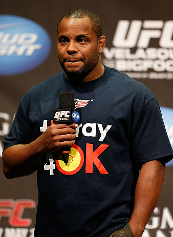 LAS VEGAS, NV - MAY 24: UFC heavyweight contender and former Oklahoma State and Olympic wrestling standout Daniel Cormier interacts with fans during a Q&A session before the UFC 160 weigh-in at the MGM Grand Garden Arena on May 24, 2013 in Las Vegas, Ne