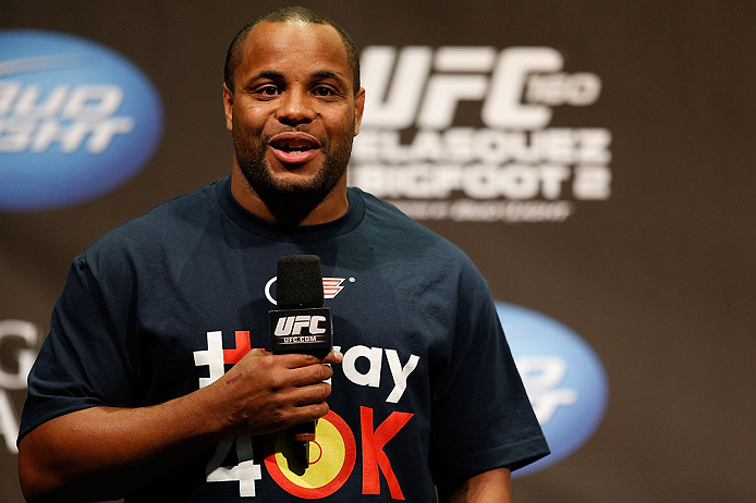 LAS VEGAS, NV - MAY 24: UFC heavyweight contender and former Oklahoma State and Olympic wrestling standout Daniel Cormier interacts with fans during a Q&A session before the UFC 160 weigh-in at the MGM Grand Garden Arena on May 24, 2013 in Las Vegas, Ne