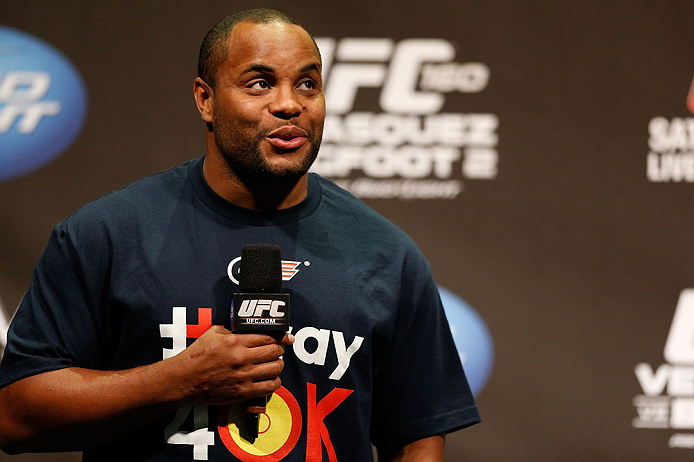 LAS VEGAS, NV - MAY 24: UFC heavyweight contender and former Oklahoma State and Olympic wrestling standout Daniel Cormier interacts with fans during a Q&A session before the UFC 160 weigh-in at the MGM Grand Garden Arena on May 24, 2013 in Las Vegas, Ne