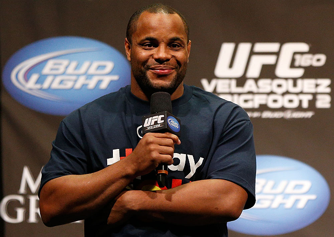 LAS VEGAS, NV - MAY 24: UFC heavyweight contender and former Oklahoma State and Olympic wrestling standout Daniel Cormier interacts with fans during a Q&A session before the UFC 160 weigh-in at the MGM Grand Garden Arena on May 24, 2013 in Las Vegas, Ne