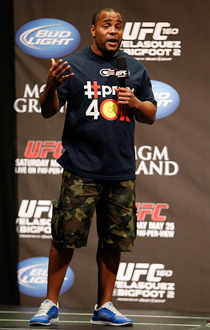 LAS VEGAS, NV - MAY 24: UFC heavyweight contender and former Oklahoma State and Olympic wrestling standout Daniel Cormier interacts with fans during a Q&A session before the UFC 160 weigh-in at the MGM Grand Garden Arena on May 24, 2013 in Las Vegas, Ne
