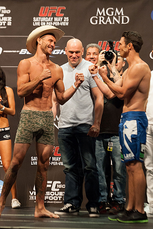 LAS VEGAS, NV - MAY 24: (L-R) Opponents Donald "Cowboy" Cerrone and Karl "K.J." Noons face off during the UFC 160 weigh-in at the MGM Grand Garden Arena on May 24, 2013 in Las Vegas, Nevada. (Photo by Jim Kemper/Zuffa LLC/Zuffa LLC via Getty Images)