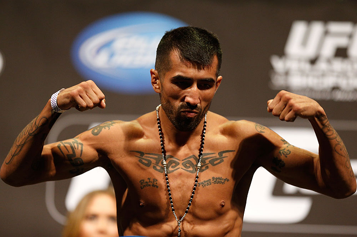 LAS VEGAS, NV - MAY 24: Estevan Payan weighs in during the UFC 160 weigh-in at the MGM Grand Garden Arena on May 24, 2013 in Las Vegas, Nevada. (Photo by Josh Hedges/Zuffa LLC/Zuffa LLC via Getty Images)
