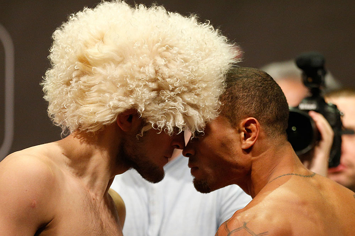 LAS VEGAS, NV - MAY 24: (L-R) Opponents Khabib Nurmagomedov and Abel Trujillo face off during the UFC 160 weigh-in at the MGM Grand Garden Arena on May 24, 2013 in Las Vegas, Nevada. (Photo by Josh Hedges/Zuffa LLC/Zuffa LLC via Getty Images)