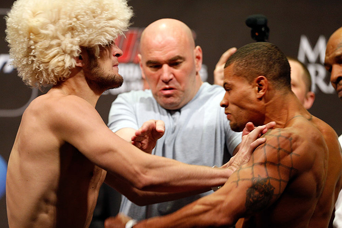 LAS VEGAS, NV - MAY 24: (L-R) Opponents Khabib Nurmagomedov and Abel Trujillo face off during the UFC 160 weigh-in at the MGM Grand Garden Arena on May 24, 2013 in Las Vegas, Nevada. (Photo by Josh Hedges/Zuffa LLC/Zuffa LLC via Getty Images)