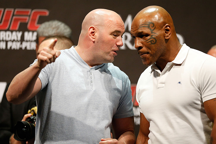 LAS VEGAS, NV - MAY 24: (L-R) UFC President Dana White and former boxing champion Mike Tyson stand on stage during the UFC 160 weigh-in at the MGM Grand Garden Arena on May 24, 2013 in Las Vegas, Nevada. (Photo by Josh Hedges/Zuffa LLC/Zuffa LLC via Ge
