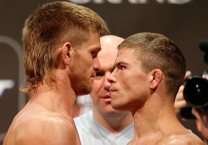 LAS VEGAS, NV - MAY 24: (L-R) Opponents Mike Pyle and Rick Story face off during the UFC 160 weigh-in at the MGM Grand Garden Arena on May 24, 2013 in Las Vegas, Nevada. (Photo by Josh Hedges/Zuffa LLC/Zuffa LLC via Getty Images)