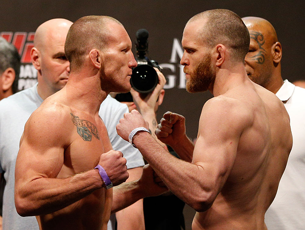 LAS VEGAS, NV - MAY 24: (L-R) Opponents Gray Maynard and T.J. Grant face off during the UFC 160 weigh-in at the MGM Grand Garden Arena on May 24, 2013 in Las Vegas, Nevada. (Photo by Josh Hedges/Zuffa LLC/Zuffa LLC via Getty Images)