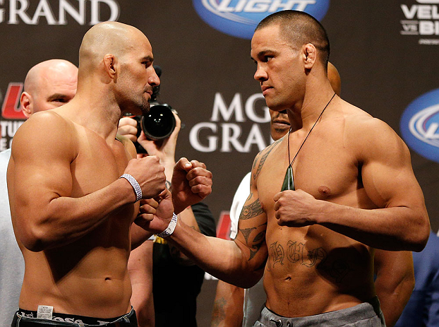 LAS VEGAS, NV - MAY 24: (L-R) Opponents Glover Teixeira and James Te-Huna face off during the UFC 160 weigh-in at the MGM Grand Garden Arena on May 24, 2013 in Las Vegas, Nevada. (Photo by Josh Hedges/Zuffa LLC/Zuffa LLC via Getty Images)