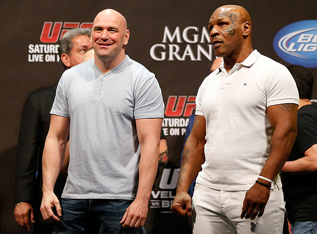 LAS VEGAS, NV - MAY 24: (L-R) UFC President Dana White and former boxing champion Mike Tyson stand on stage during the UFC 160 weigh-in at the MGM Grand Garden Arena on May 24, 2013 in Las Vegas, Nevada. (Photo by Josh Hedges/Zuffa LLC/Zuffa LLC via Ge