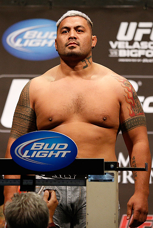 LAS VEGAS, NV - MAY 24: Mark Hunt weighs in during the UFC 160 weigh-in at the MGM Grand Garden Arena on May 24, 2013 in Las Vegas, Nevada. (Photo by Josh Hedges/Zuffa LLC/Zuffa LLC via Getty Images)