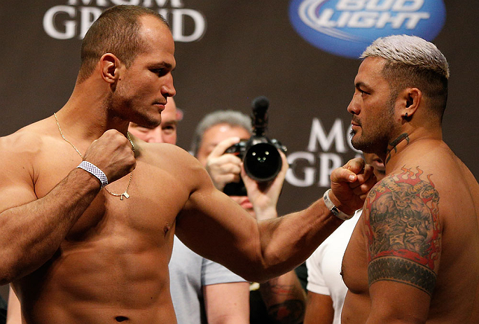 LAS VEGAS, NV - MAY 24: (L-R) Opponents Junior "Cigano" dos Santos and Mark Hunt face off during the UFC 160 weigh-in at the MGM Grand Garden Arena on May 24, 2013 in Las Vegas, Nevada. (Photo by Josh Hedges/Zuffa LLC/Zuffa LLC via Getty Images)