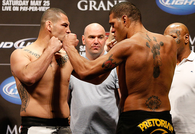 LAS VEGAS, NV - MAY 24: (L-R) Opponents Cain Velasquez and Antonio "Bigfoot" Silva face off during the UFC 160 weigh-in at the MGM Grand Garden Arena on May 24, 2013 in Las Vegas, Nevada. (Photo by Josh Hedges/Zuffa LLC/Zuffa LLC via Getty Images)