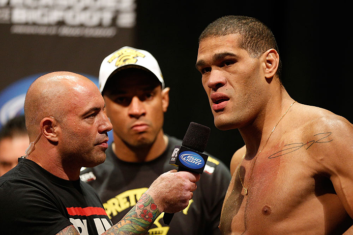LAS VEGAS, NV - MAY 24: (R-L) Antonio "Bigfoot" Silva is interviewed by Joe Rogan during the UFC 160 weigh-in at the MGM Grand Garden Arena on May 24, 2013 in Las Vegas, Nevada. (Photo by Josh Hedges/Zuffa LLC/Zuffa LLC via Getty Images)