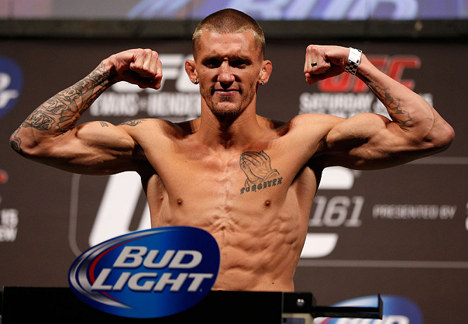 WINNIPEG, CANADA - JUNE 14: Dustin Pague weighs in during the UFC 161 weigh-in at the MTS Centre on June 14, 2013 in Winnipeg, Manitoba, Canada. (Photo by Josh Hedges/Zuffa LLC/Zuffa LLC via Getty Images)
